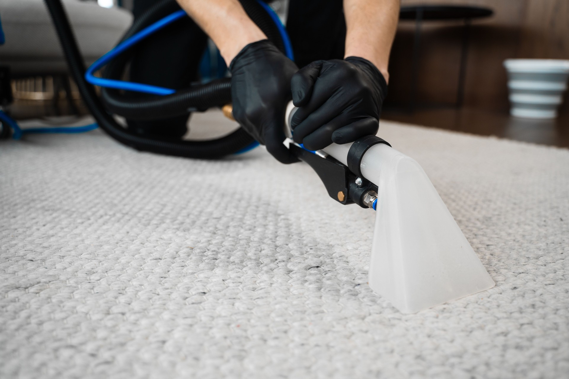 Using extractor to wash off the carpet from dust and stains. Extractor washing of carpet. Cleaner is using extractor to clean the carpet at home.